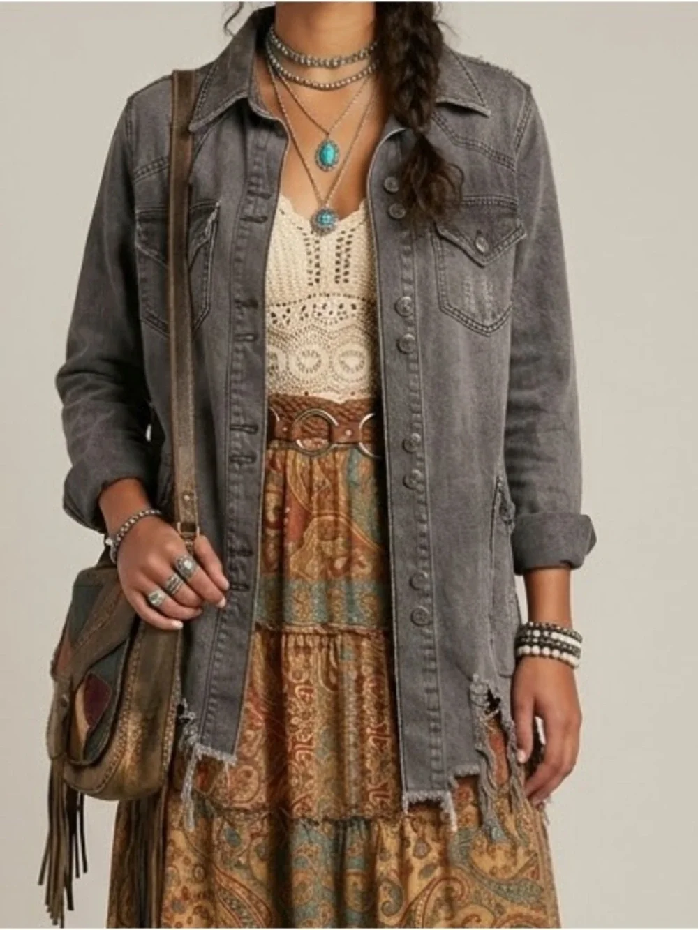 Free People Moonchild Distressed Black Denim Shacket Jacket Oversized XS